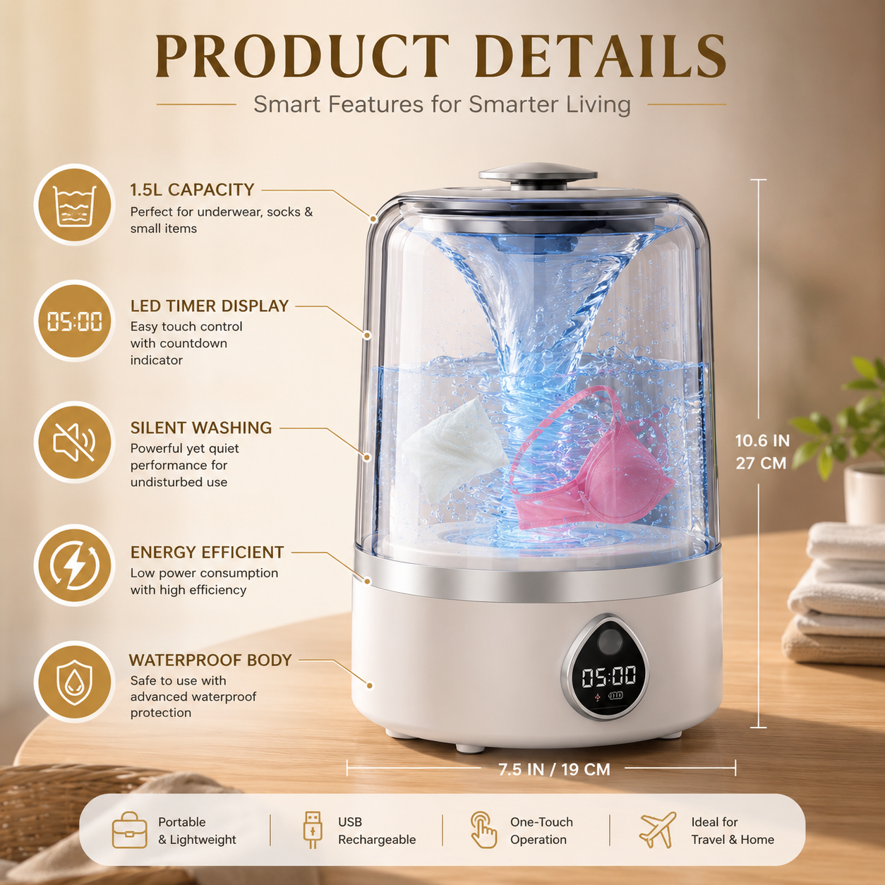 Cordless Portable Mini Washing Machine for Underwear, Socks & Delicate Clothes